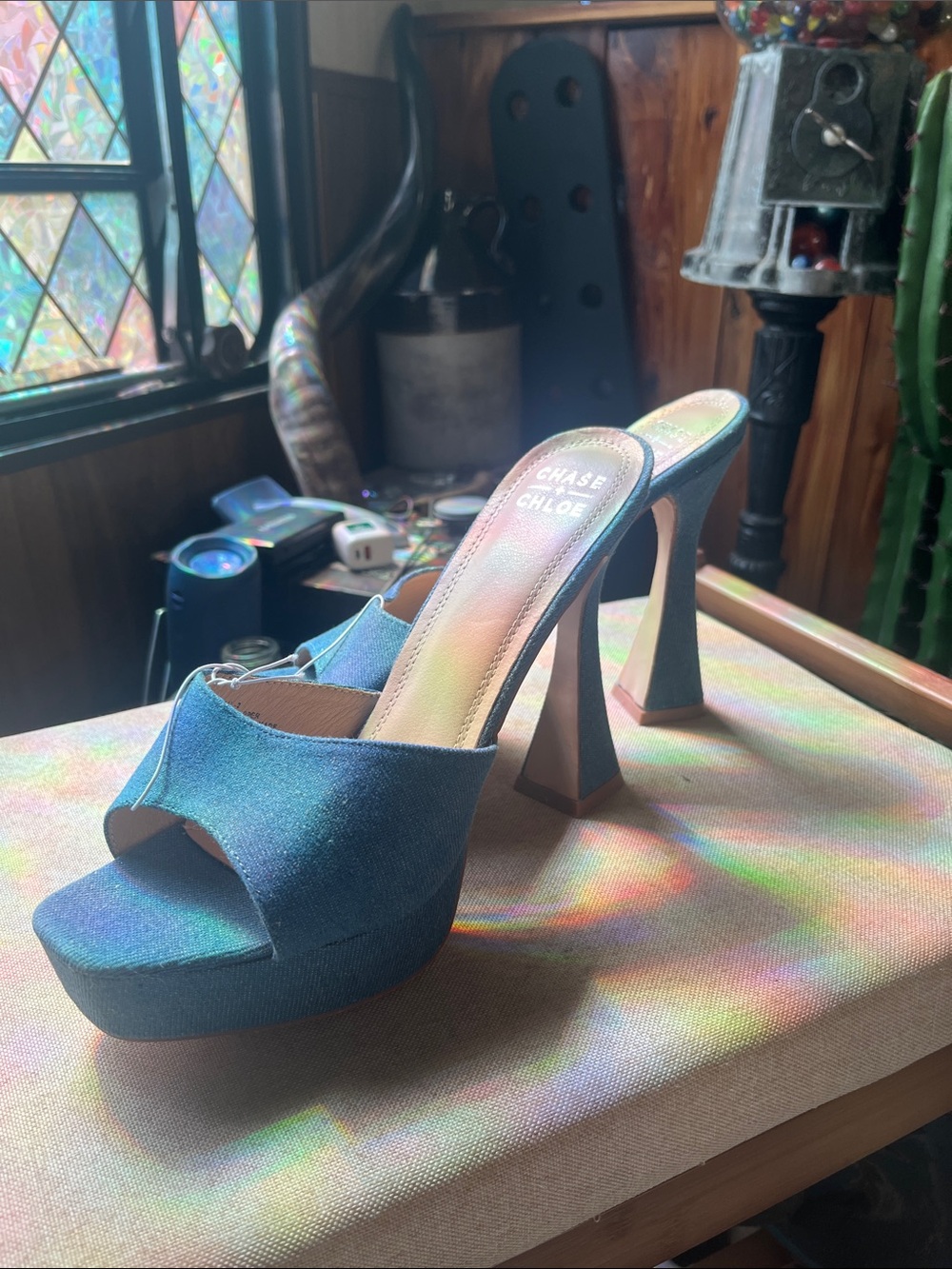 Chase + Chloe Iridescent Blue Platform Peep-Toe Mules